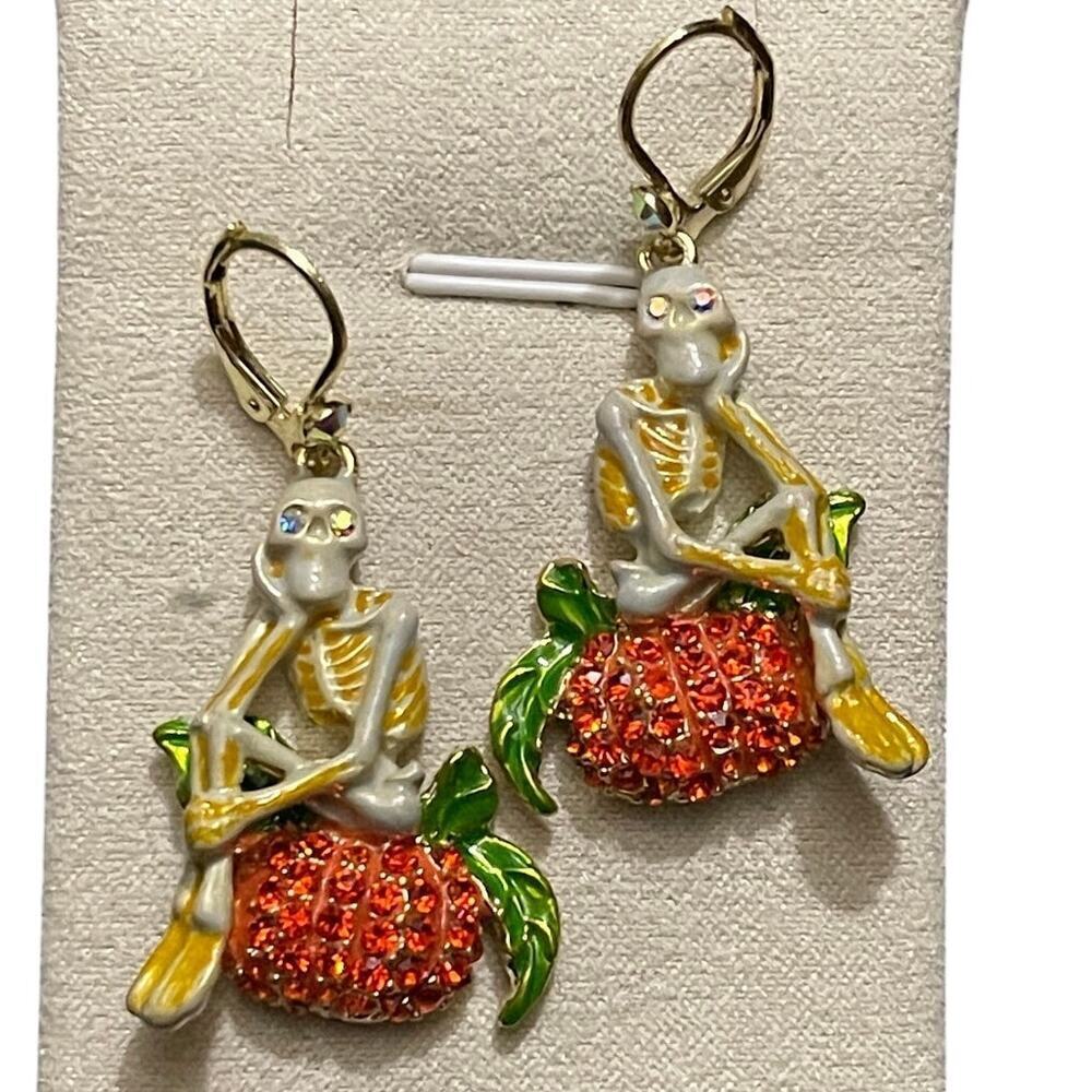 Kirks Folly Skeleton Pumpkin Earrings Halloween Rhinestone Enamel Dangle Whimsy